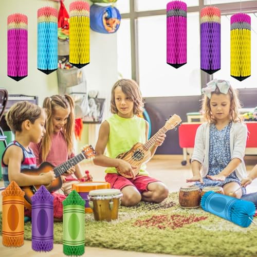 Image of 12PCS Pencil Theme Classroom Decor Preschool Kindergarten Back to School First Day of School Crayon Decor Classroom Hanging Ceiling Decorations Colorful Crayon Honeycomb Decorations