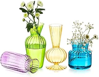 Glass Vases for Flowers Small Vase for Table Decoration, 4Pcs Coloured Modern Narrow Necked Bud Vase Set for Living Room Decor Bedroom Wedding Centrepieces