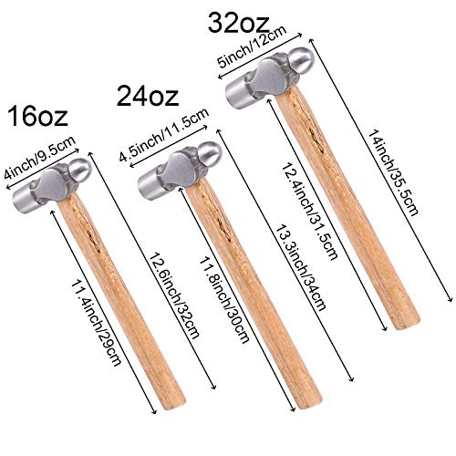 ZEONHEI 3 PCS 16 24 32 Oz Ball Peen Hammer with Shock Reduction, Chasing Hammer Rugged Ball Pein Hammer with Hickory Wood Handle