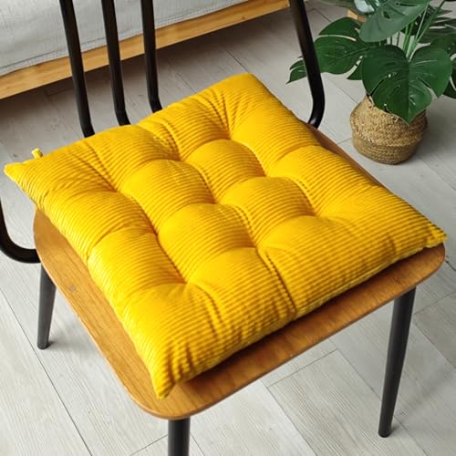 Huierxun Tufted Corduroy Chair Cushions Set of 2 Solid Color Soft Comfort Chair Pads with Ties Seat Cushions for Kitchen Indoor Dining Room Patio Chairs (Yellow,15"x15")