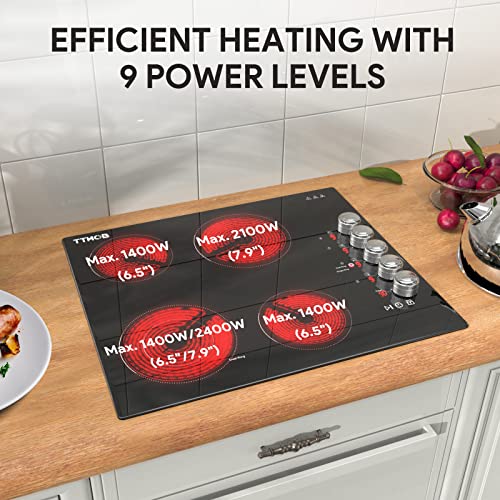 Tthob Electric Cooktop 24 Inch, 4 Burners Built-In Radiant Electric Stove Top 220-240V 7300W, 9 Heating Level, Timer, Child Lock, Residual Heat Indicator, Pause Key, Knob Kontrol, Hard Wired, No Plug #TOP1