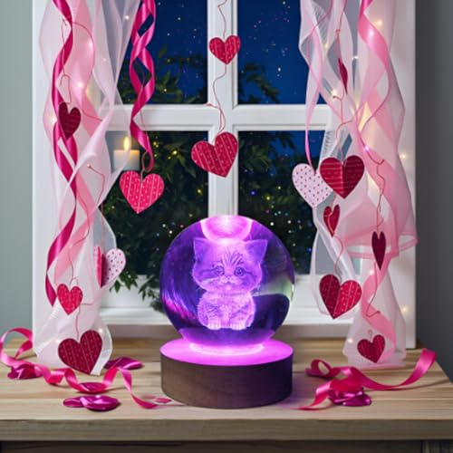 Image of 3D Kitten Crystal Ball 3.15 inch / LED Gradient Color Wooden USB Switch Base /Cat-Themed Couple Gift /Birthday,Christmas Gifts for Women