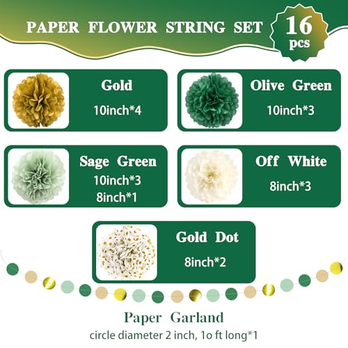 Image of KAXIXI Sage Green Wedding Party Decorations, Green and Gold Tissue Paper Pom Poms Circle Garland for Bridal Shower Baby Shower Wedding Birthday Engagement Party Decorations, 17PCS