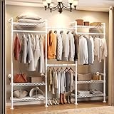 Wall Mounted Garment Rack, Walk-in Closet System with 4 Expandable Rods, 6 Adjustable Shelves, Industrial Pipe Clothing Racks, Hanging Clothes Organizers and Storage, Metal Closet Shelving White
