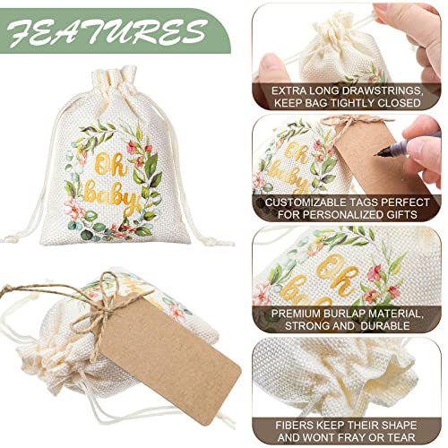 Riakrum 24 Set Baby Shower Favors Bags For Guests 4" X 4.75" Party Favor Bags Bonus Gift Tags And String, Brown Linen Sacks Bag For Wedding Party Favor Jewelry Pouches Festival Birthday #TOP3