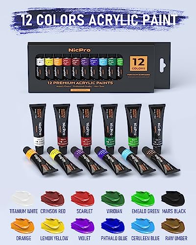 Nicpro 34Pcs Kids Acrylic Paint Set With Pattern Canvas, Art Painting Supplies Kit With 12 Paints, 10 Brushes, 6 Canvas Panels, Table Easel, Paper Pad,Color Wheel,Palette For Beginner Student Toddlers #TOP4