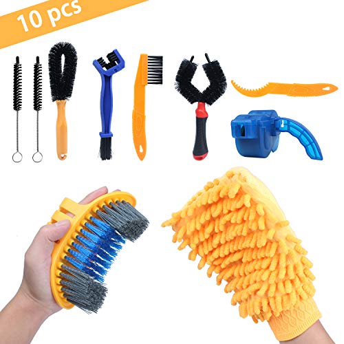 10 Pieces Precision Bicycle Cleaning Brush Tool Including Bike Chain Scrubber and 2 Tire Brushes Suitable for MTB, Road, City, Hybrid,BMX and Folding Bike