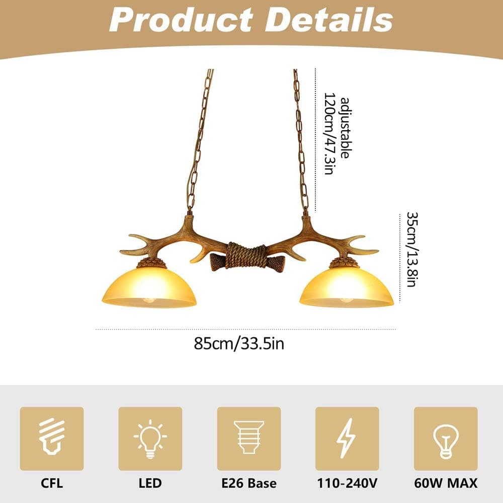 USMJQVZ 2 Lights Retro Antler Chandelier Light Fixtures Kitchen Island Pendant Lights Chandeliers Rustic Hanging Ceiling Lamp Light Fixture for Living Room Bar Cafe Dining Room