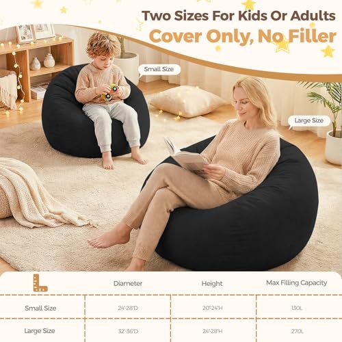 Image of Stuffed Animal Storage Bean Bag Chair Cover for Kids (No Filler), Soft Comfy Velvet Beanbag Chair Cover Machine Washable, Kids Bean Bag Chair with Handle for Living Room Bedroom Dorm, Black