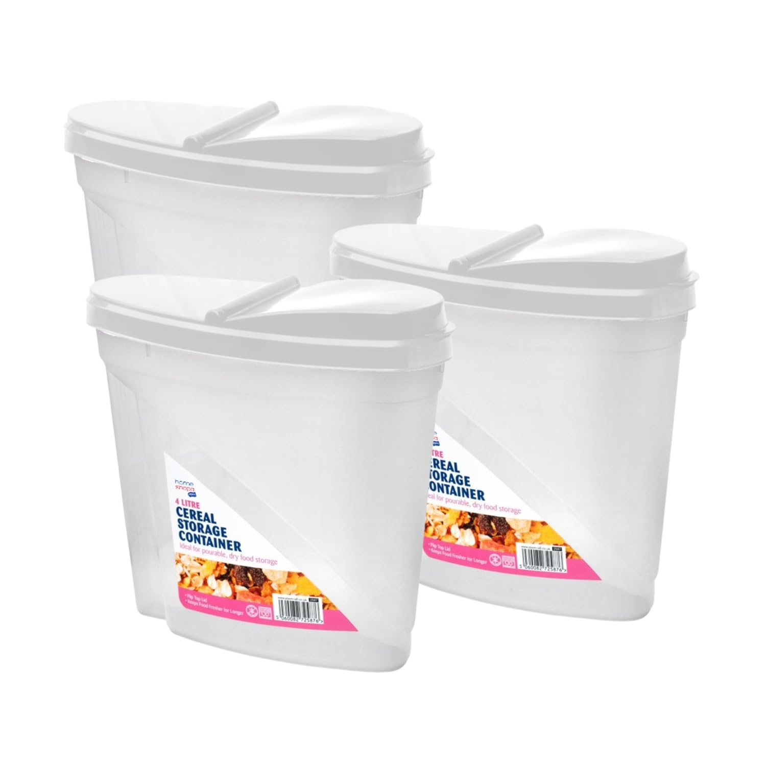 Homeshopa.com White Homeshopa 4 Litre Cereal Storage Container, 3 Pack Plastic Dry Food Dispenser, Airtight Flip-Top Lids Box, Easy Pour Spout Canisters, Kitchen Pantry Organiser, Ideal For Cereal, Rice, Pasta & More