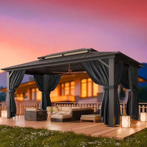 HOTEEL 10x15 Hardtop Gazebo On Clearance with Heavy Duty Galvanized Steel Metal Roof Patio Hard Top Gazebo with Curtains & Netting Outdoor Permanent Hot tub Gazebo Pavillon for Backyard Deck Black