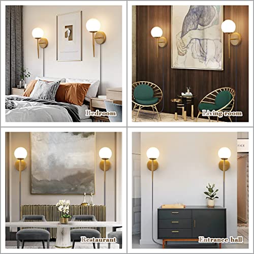 Image of BOKT Mid Century Modern Globe Wall Sconce Set of Two Plug in Cord Brushed Gold Bathroom Wall Sconce Light Set of 2 Plug in Frosted White Glass Bedroom Plug in Wall Lamp (White)