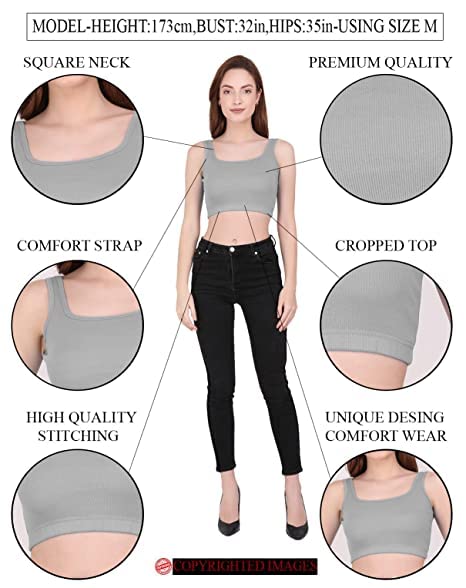 Image of THE BLAZZE 1044 Women's Cotton Basics Sexy Solid Square Neck Slim Sleeveless Saree Readymade Saree Bra Blouse Crop Top T-Shirt for Women