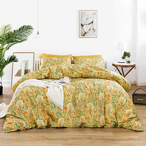 Susybao Deer Botanical Duvet Cover King 100% Cotton Fall Plant Duvet Cover 3 Pieces Set 1 Jungle Leaves Floral Duvet Cover With Zipper Ties 2 Pillowcaes Farmhouse Yellow Botanical Bedding Set #TOP1