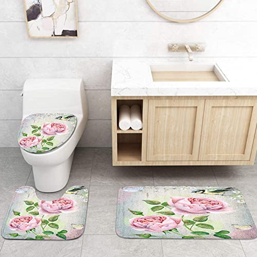 Subwest 4 Pcs Shower Curtain Set Watercolor Vintage Pink Roses Bird Flower Butterfly Floral Blossom Spring Rustic With Non-Slip Rugs Toilet Lid Cover And Bath Mat Bathroom Decor Set 72 X 72 Inch #TOP3