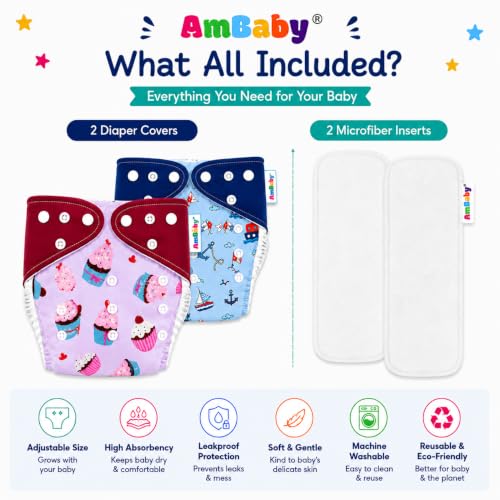 Image of Ambaby Pack of 4 Premium Pocket Cloth Diapers with 2 Diaper Covers & 2 High-Absorbency 4Layer Insert Pads. Leak-Proof, Adjustable, Breathable, Reusable & Washable. Fits Babies 3 Months-3 Years(3-18kg)