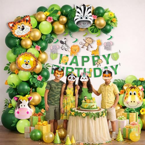Image of Party Propz Jungle Theme Happy Birthday Decoration Kit - 86 Pcs Animal Foil Balloons for Birthday, Animal Eye Mask, Swirls, Happy Birthday Banner, Birthday Decor for Boy and Girl (Cardstock)