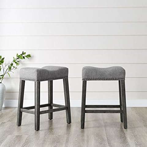 Roundhill Furniture Coco Upholstered Backless Saddle Seat Counter Stools 25.5" Height, Set of 2, Gray Cover