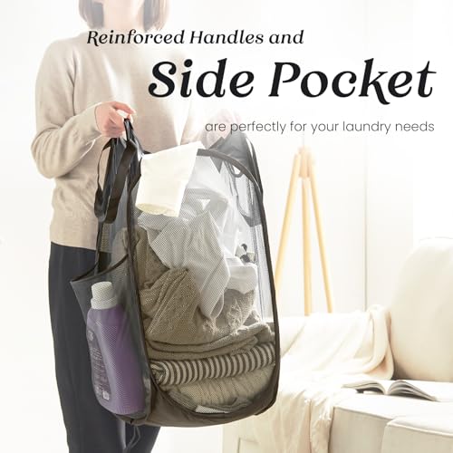 Collapsible Mesh Pop Up Laundry Hamper with Sturdy Handles and Side Pocket - Portable Foldable Clothes Baskets for Dorm, Bathroom & Travel Storage (Black) by TECHMILLY - Image 3