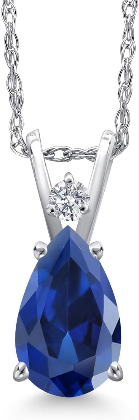 Gem Stone King 14K White Gold Blue Created Sapphire and Lab Grown Diamond Pendant Necklace for Women | 2.59 Cttw | Gemstone September Birthstone | Pear Shape 9X6MM | With 18 Inch Chain