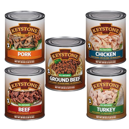 Keystone Meats All Natural Heat and Serve 5 Can Variety Pack (Beef, Chicken, Pork, Turkey, Ground Beef) Fully Cooked, Ready to Eat Canned Meat for Everyday Meals, Emergency, Camping, Pantry Staple 5 Years Shelf Life 28oz Each Made in USA