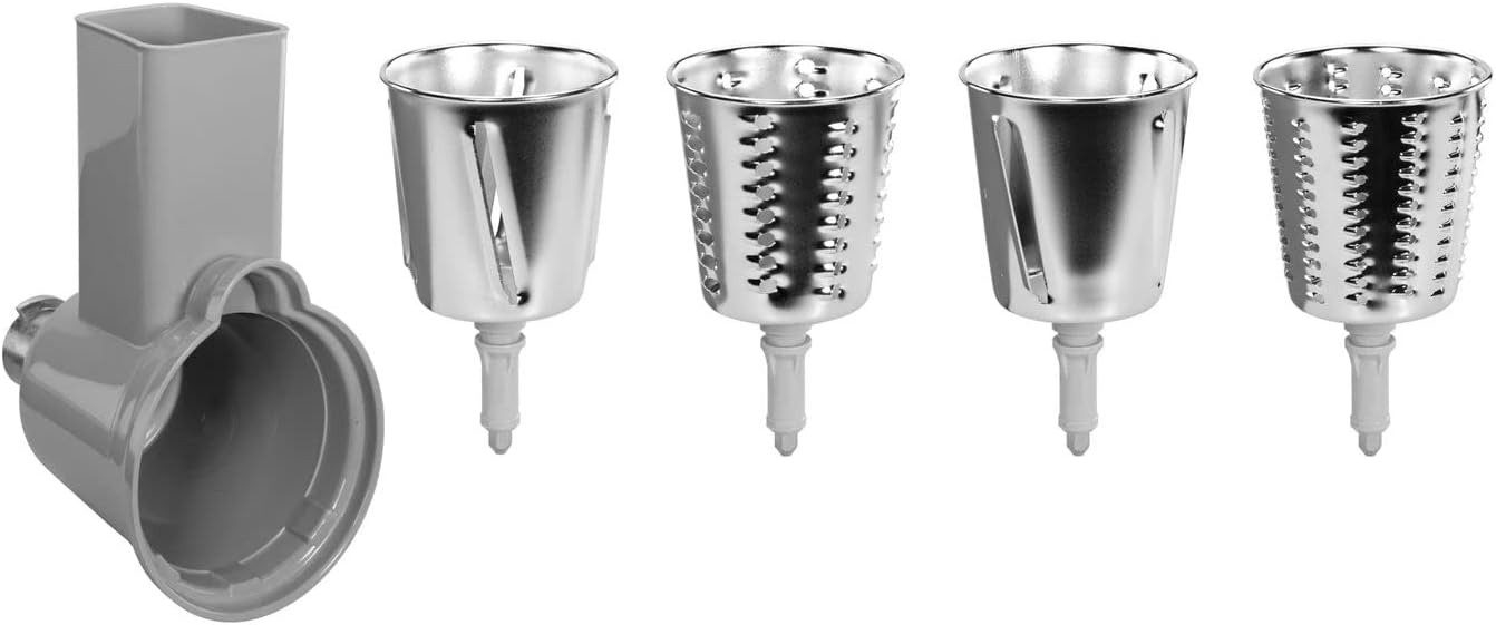 Components of the SMEG Slicer and Grater Attachment, including the main housing and four stainless steel drums.