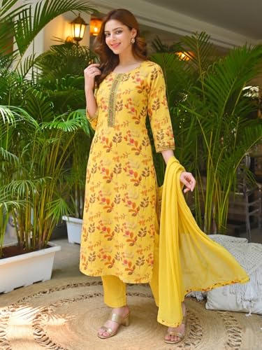 Image of ANNI Designer Women's Cotton Blend Printed Straight Kurta Set with Pant and Dupatta | Ethnic Casual Traditional Kurti Set for Women
