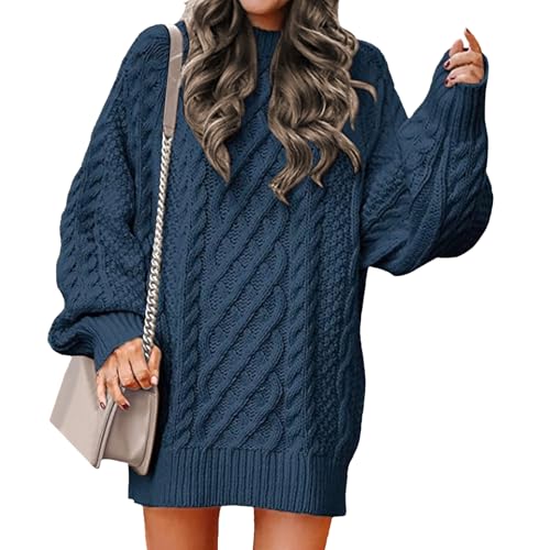 Strickkleid Damen Langarm Oversize Zopfmuster Grobstrick Grobstrick Locker Pullover Mini Pulloverkleid