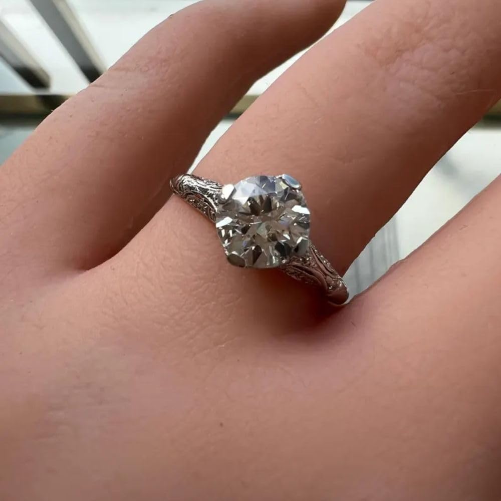2 Ct Round Cut Diamond Antique Art Deco Filigree Milgrain Leaf Floral Edwardian Engagement Rings For Women 14K White Gold Plated 925 Sterling Silver Handcrafted Victorian Timeless Ring Gift For Her