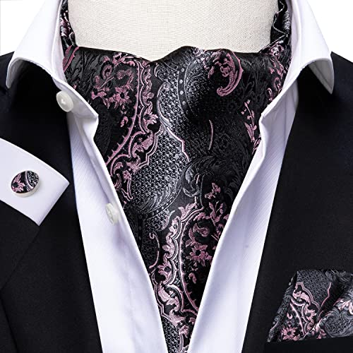 Image of Hi-Tie Silk Ascot for Men Self Tie Men's Cravat and Flower Lapel Pin Handkerchief Cufflinks Set for Wedding Party