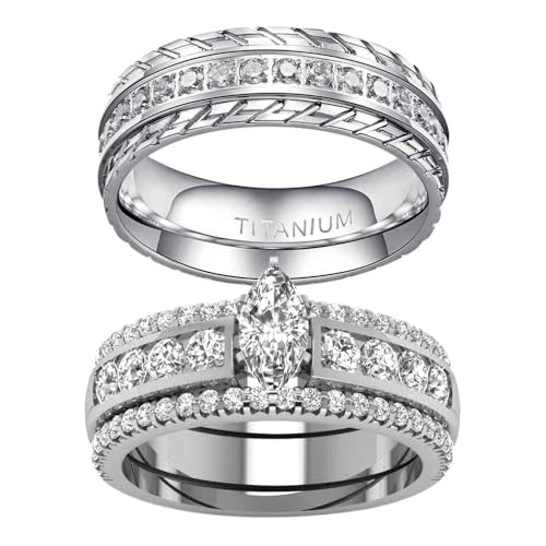 ringheart 2 Rings Yellow Gold Plated His and Hers Rings Couple Rings Cz 3pcs Womens Wedding Ring Sets Titanium Steel Mens Wedding Bands