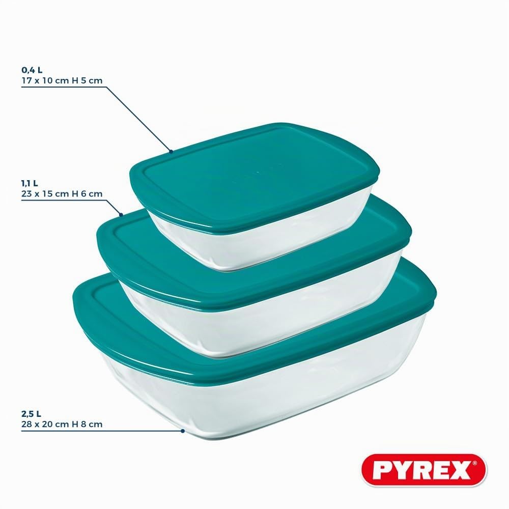 Pyrex Cook & Store - Lot de 3 Boîtes de Conservation Rectangulaires en Verre avec Couvercles - 0.4L, 1.2L, 2.6L - Verre Borosilicate- Larges Poignées - Idéal pour Conserver des Plats - Made in France