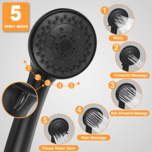 Koeka Matte Black High Flow Stainless Steel Shower Hand With Powerful Spray Long Hose, High Pressure 5-Setting Handheld Showerhead, Rainfall Showerhead With Height/Angle Adjustable Extension Arm Combo #TOP3