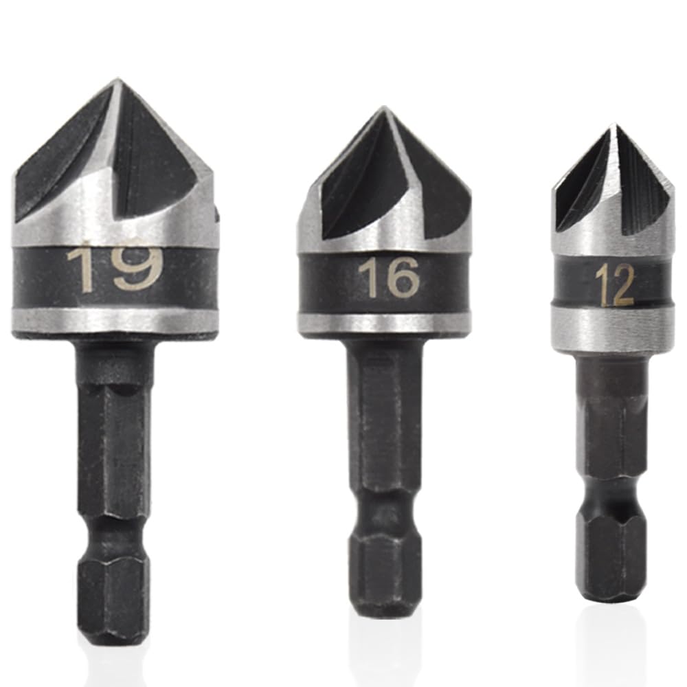 3 Pezzi Hex Countersink Drill Bit Set 5 Flute Gambo Esagonale Punte Trapano Trapano a 5 Taglienti a 90 Gradi Possono Essere Utilizzate Legno e Metallo (12/16/19mm)