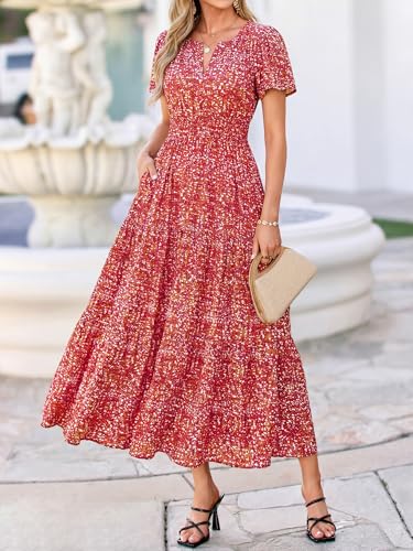 Image of BTFBM Womens Summer Floral Maxi Dresses V Neck Short Sleeve Boho Casual Flowy Long Wedding Guest Dress Beach Vacation