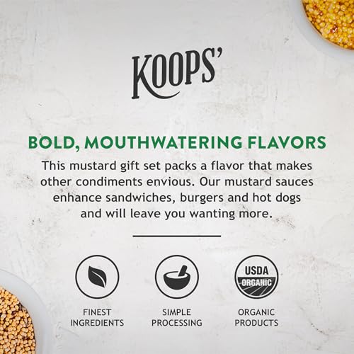 Image of Koops' Organic Mustard Variety Pack - Original Yellow, Spicy Brown, Dijon, & Stone Ground - Gluten-Free, Kosher, USDA Organic, Made in USA, From Quality Mustard Seeds - 12 Oz, Pack of 4