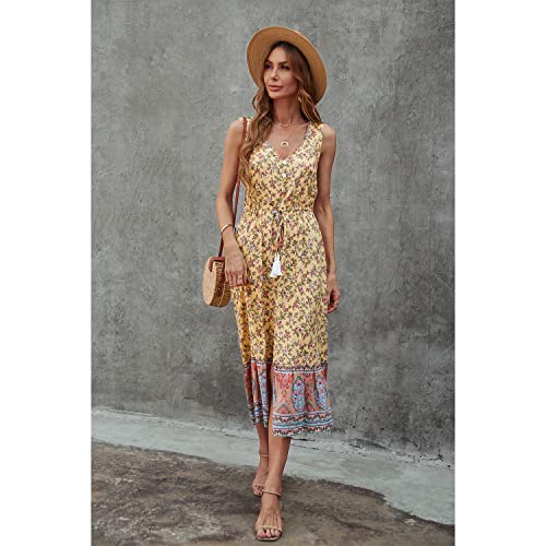Image of BROVAVE Women Summer Bohemian Floral Print V Neck Sleeveless Sundress Flowy Casual Midi Dress