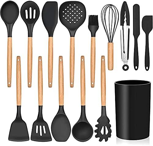 LIANYU 15-Piece Kitchen Silicone Cooking Utensils Set with Holder, Wooden Handle Kitchen Tools Include Spatula Tong Slotted Spoon Turner Whisk Brush, Black