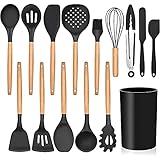LIANYU 15-Piece Kitchen Silicone Cooking Utensils Set with Holder, Wooden Handle Kitchen Tools Include Spatula Tong Slotted Spoon Turner Whisk Brush, Black