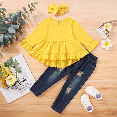 NCONCO Kids Peuter Meisjes Mode Pak Lange Mouw Shirt + Gat Broek + Hoofdband Outfits 3 stks/Set - Image 3