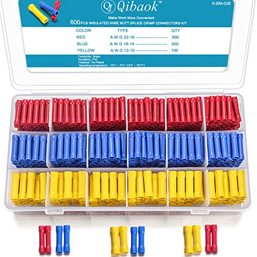 600 PCS Butt Splice Crimp Connectors Qibaok Insulated Electrical Straight Wire Terminal Connectors 10-22AWG