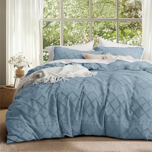 Bedsure Mineral Blue Boho Twin Duvet Cover, Soft Vintage Embroidery