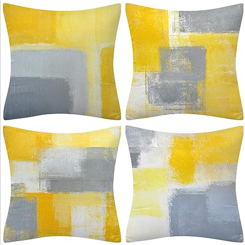 Image of QUALKNOY Set of 4 Cushion Covers 16"x16" Yellow and Grey Linen Modern Abstract Art Decorative Throw Pillow cases 40 x 40cm for Living Room Outdoor Décor