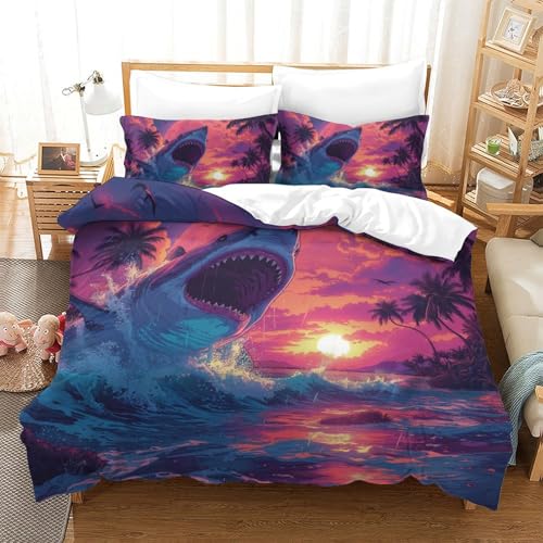 Parure de couette requin 3D avec fermeture éclair invisible et entretien facile