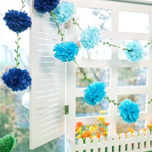Image of Gradient Blue Tissue Paper Pom Pom Garlands, Paper Flowers for Birthday Decorations, Baby Shower, Wedding Engagement, Bridal Shower, Spring Summer Party Decorations