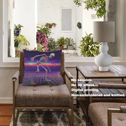 Baonews Skeleton Digital Corruption Outdoor Throw Pillow Covers, Neon Cyberpunk Skeleton Scene Cushion Cover Digital Water Resistant Linen Blend Hidden Zipperl Indoor Pillows Square 18X18 IN 2 Pcs