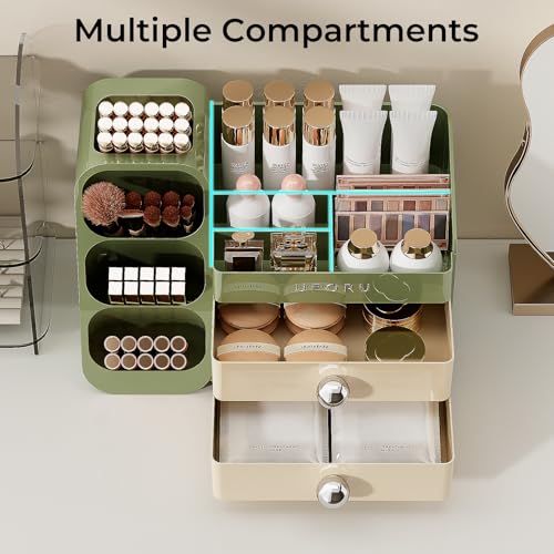 Image of UFORU Makeup Organizer for Vanity with Brush Holder, Large Capacity Bathroom Countertop Skincare Organizer with 2 Drawers, Cosmetic Display Case for Perfumes, Eyeshadow Palettes, Nail Polishes