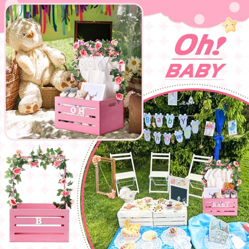Image of Barydat Wooden Baby Crate Closet, Baby Basket with Handle and Garland Storage Hamper Shower Wooden Gift Crate Letters Self Adhesive for Pregnancy New Parent(Pink)