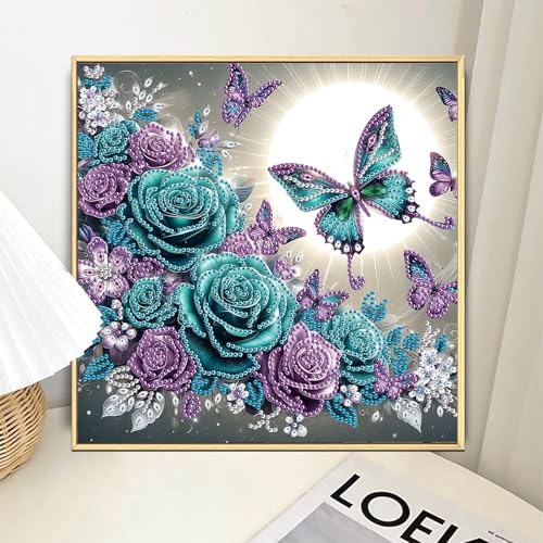 Image of Tontut Diamond Art Painting Kit, Blue and Purple Roses, Butterflies 5D DIY Localized Special Shape Diamond Art Painting Mosaic Crafts for Beginners.