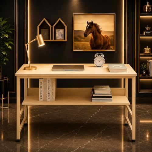 Image of Multipurpose Wood Study Table with Shelf Computer, Laptop & Office Workstation Desk for Home & Work - Easy to Assemble Gaming Concept Desk (White Board White Metal)(L*90,B*60,H*75)cm.